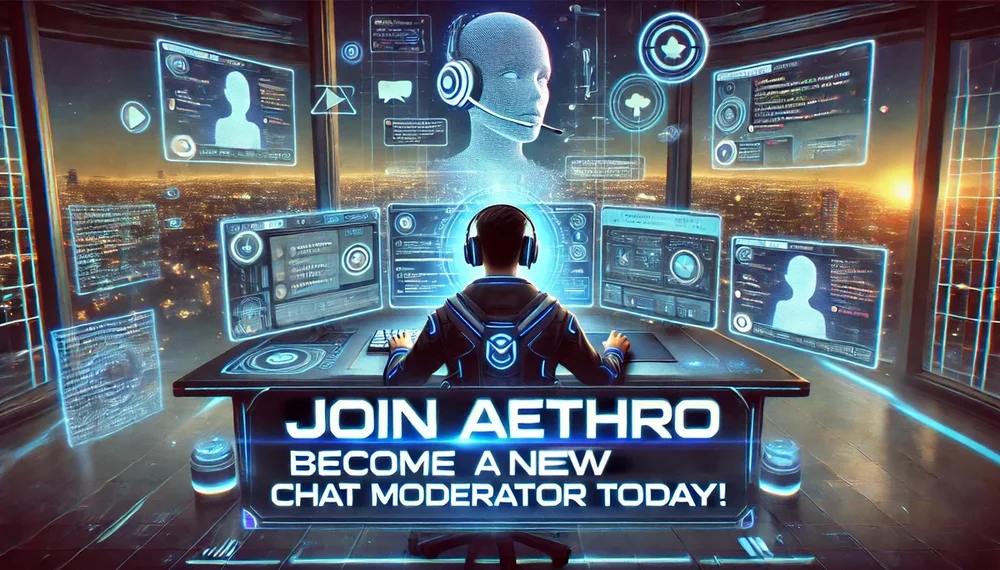 DALL·E 2025-01-28 16.31.26 - A digital illustration promoting Aethro’s recruitment for a new chat moderator position. The image features a futuristic, cyber-themed control center .webp